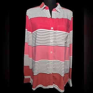 Pink Red Striped Roll Tab Long Sleeve Button Down Shirt Valentines - Size Large